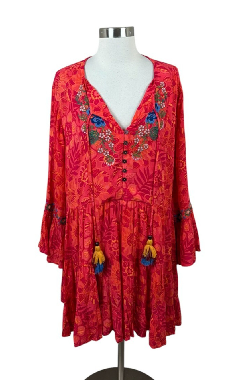 Joe Browns Floral Gauze Tiered Embroidered Tassel Dress Size 20W Boho Artsy